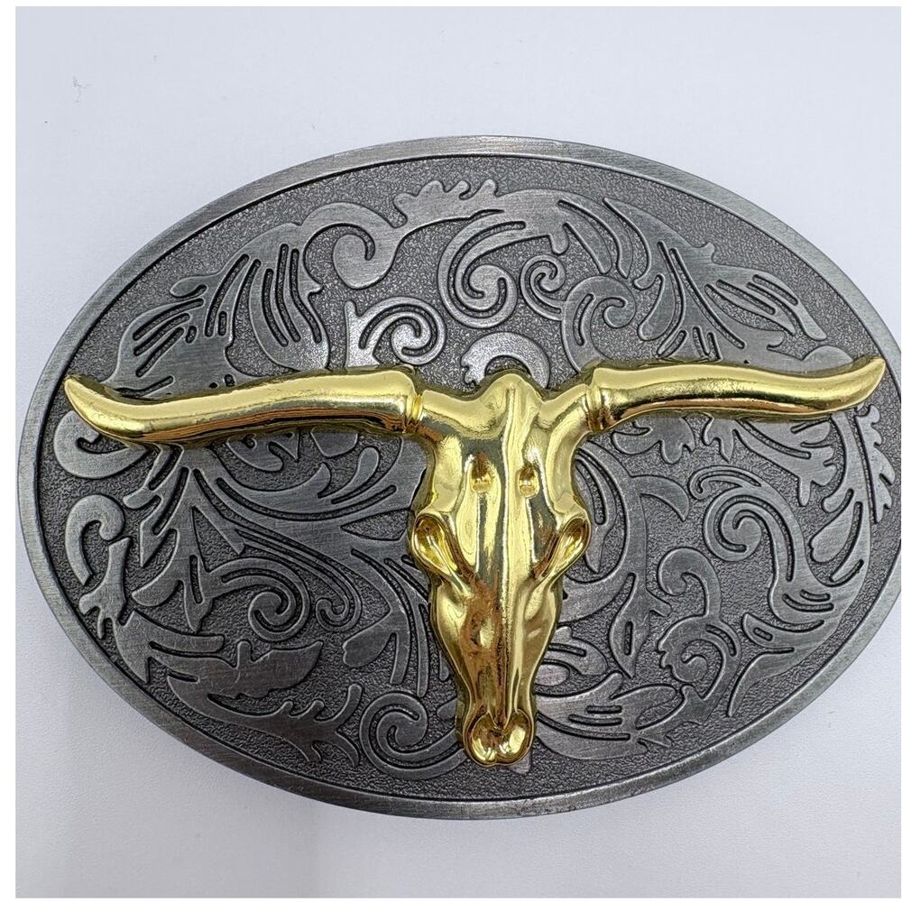 Brushed Silver Belt Buckle with Gold-Tome Steer Head